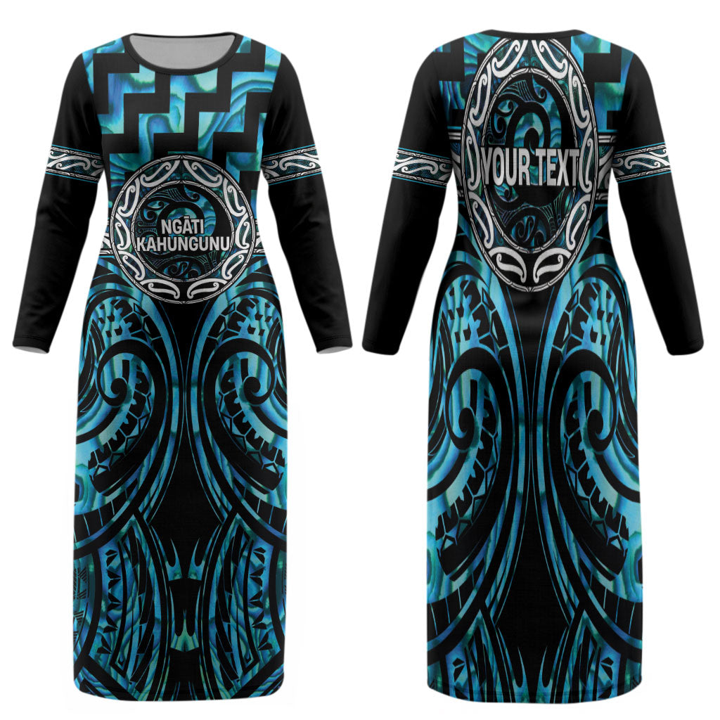Aotearoa Ngati Kahungunu Personalised Family Matching Long Sleeve Bodycon Dress and Hawaiian Shirt Maori Iwi Poutama Puhoro Tattoo LT14 Mom's Dress Turquoise - Polynesian Pride