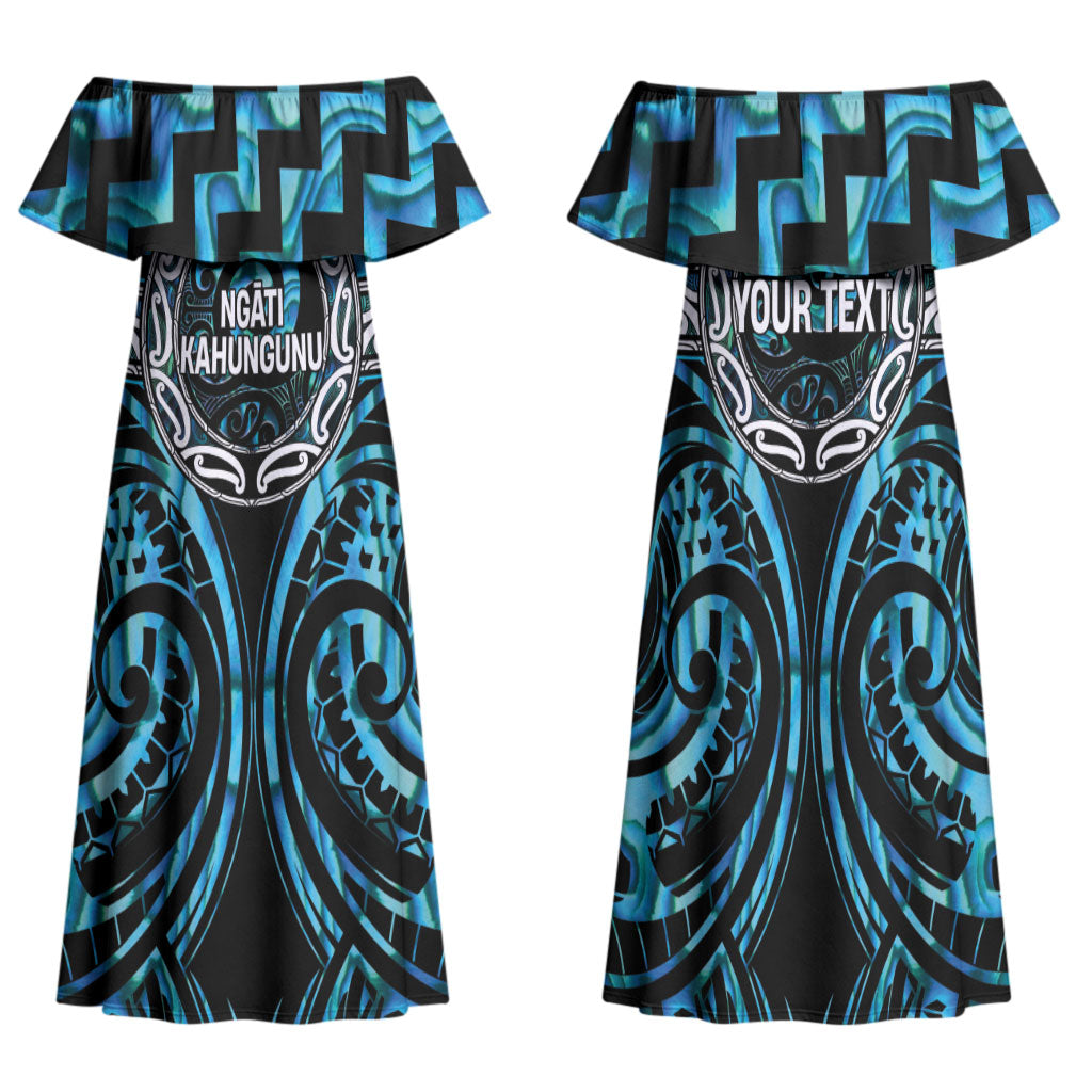 Aotearoa Ngati Kahungunu Personalised Family Matching Off Shoulder Maxi Dress and Hawaiian Shirt Maori Iwi Poutama Puhoro Tattoo LT14 Mom's Dress Turquoise - Polynesian Pride
