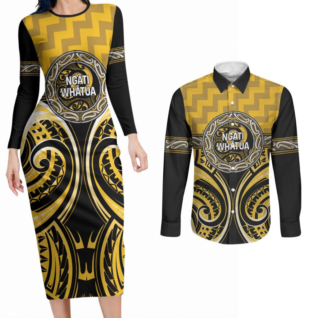 Aotearoa Ngati Whatua Personalised Couples Matching Long Sleeve Bodycon Dress and Long Sleeve Button Shirt Maori Iwi Poutama Puhoro Tattoo LT14 Yellow - Polynesian Pride