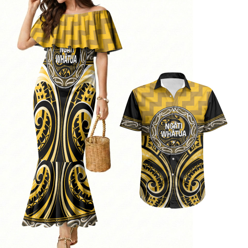 Aotearoa Ngati Whatua Personalised Couples Matching Mermaid Dress and Hawaiian Shirt Maori Iwi Poutama Puhoro Tattoo LT14 Yellow - Polynesian Pride