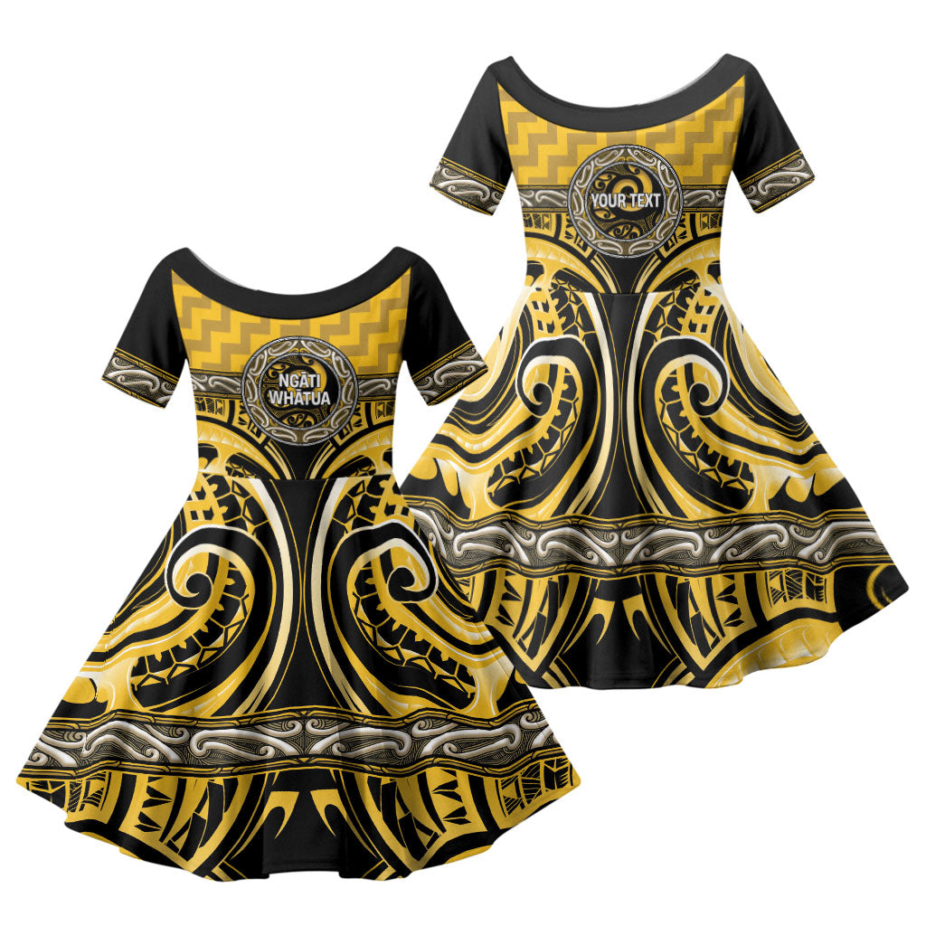 Aotearoa Ngati Whatua Personalised Family Matching Off Shoulder Short Dress and Hawaiian Shirt Maori Iwi Poutama Puhoro Tattoo LT14 Daughter's Dress Yellow - Polynesian Pride