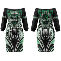 Aotearoa Ngati Maniapoto Personalised Family Matching Off The Shoulder Long Sleeve Dress and Hawaiian Shirt Maori Iwi Poutama Puhoro Tattoo LT14 Mom's Dress Green - Polynesian Pride