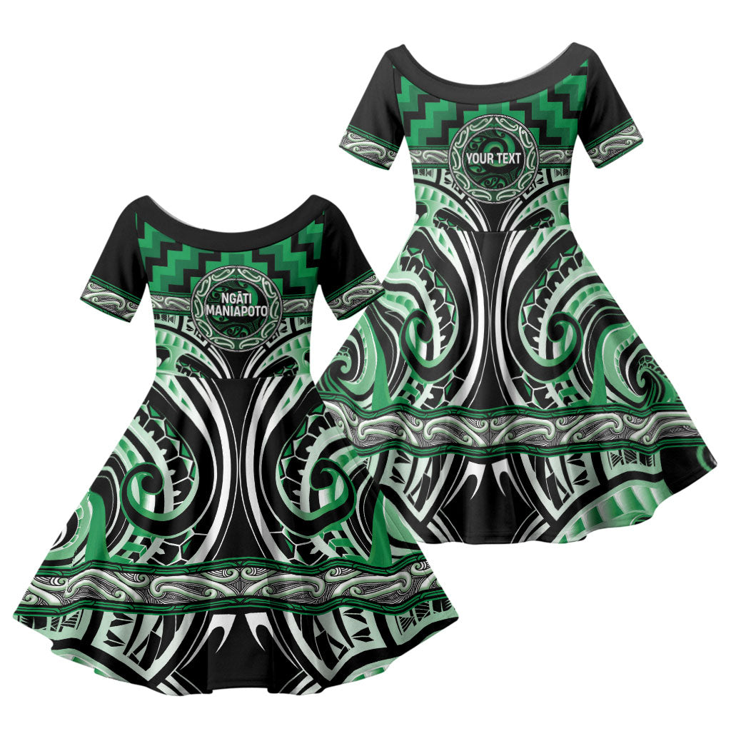 Aotearoa Ngati Maniapoto Personalised Family Matching Off The Shoulder Long Sleeve Dress and Hawaiian Shirt Maori Iwi Poutama Puhoro Tattoo LT14 Daughter's Dress Green - Polynesian Pride
