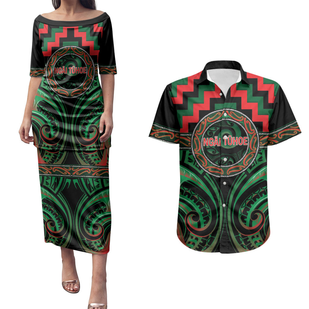 Aotearoa Ngai Tuhoe Personalised Couples Matching Puletasi and Hawaiian Shirt Maori Iwi Poutama Puhoro Tattoo LT14 Green - Polynesian Pride