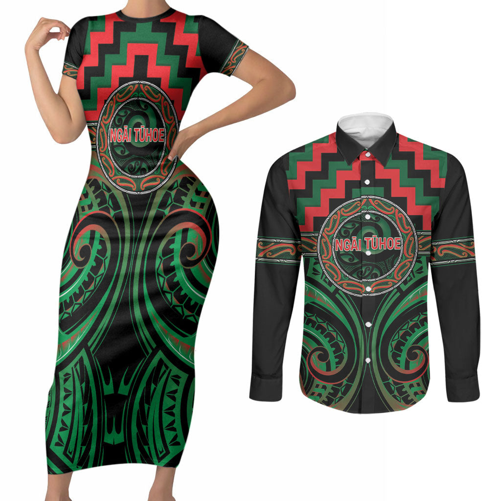 Aotearoa Ngai Tuhoe Personalised Couples Matching Short Sleeve Bodycon Dress and Long Sleeve Button Shirt Maori Iwi Poutama Puhoro Tattoo LT14 Green - Polynesian Pride