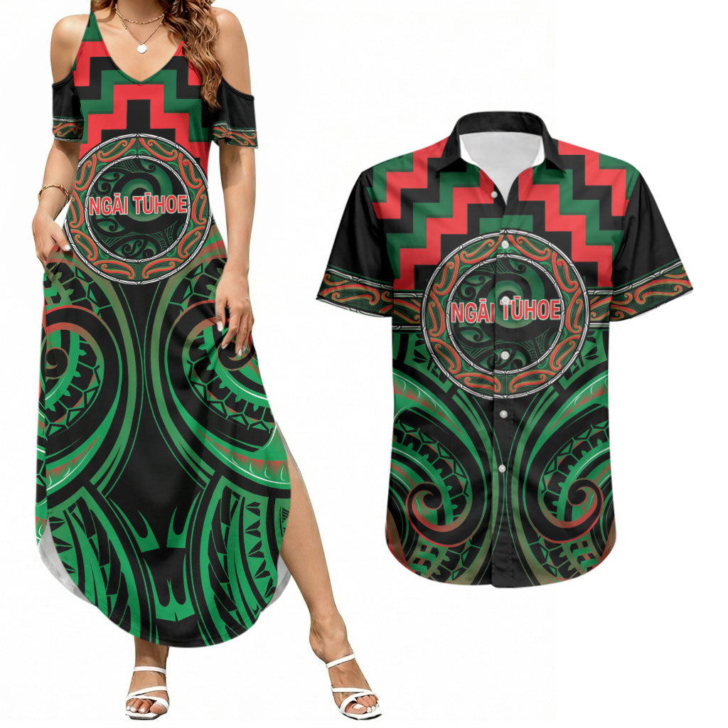 Aotearoa Ngai Tuhoe Personalised Couples Matching Summer Maxi Dress and Hawaiian Shirt Maori Iwi Poutama Puhoro Tattoo LT14 Green - Polynesian Pride