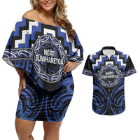 Aotearoa Ngati Tuwharetoa Personalised Couples Matching Off Shoulder Short Dress and Hawaiian Shirt Maori Iwi Poutama Puhoro Tattoo LT14 Blue - Polynesian Pride