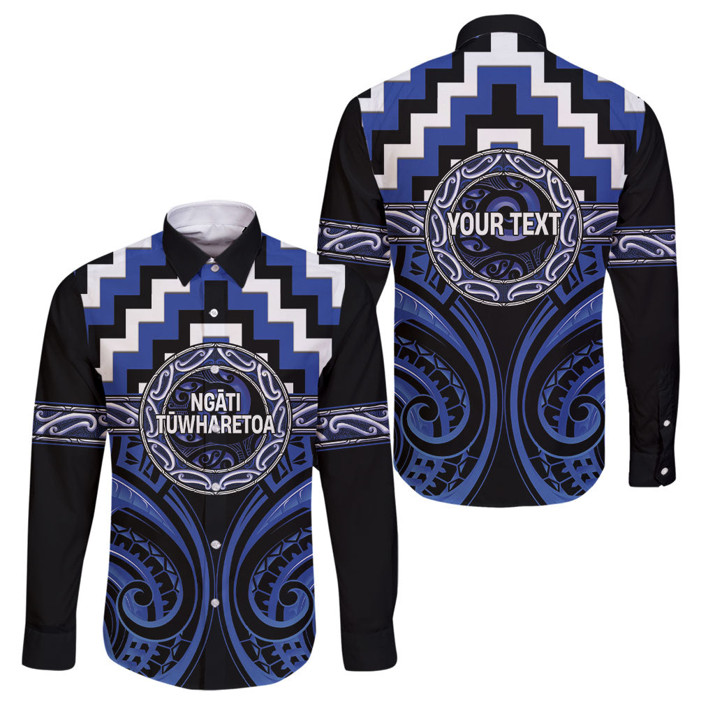 Aotearoa Ngati Tuwharetoa Personalised Family Matching Off Shoulder Short Dress and Hawaiian Shirt Maori Iwi Poutama Puhoro Tattoo LT14 Dad's Shirt - Long Sleeve Blue - Polynesian Pride