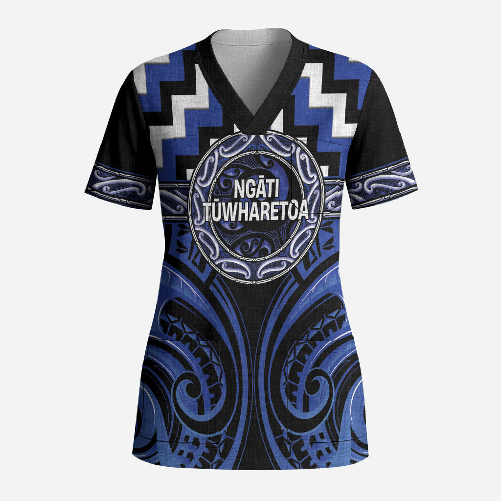 Aotearoa Ngati Tuwharetoa Personalised Scrub Top Maori Iwi Poutama Puhoro Tattoo LT14 Adult Blue - Polynesian Pride