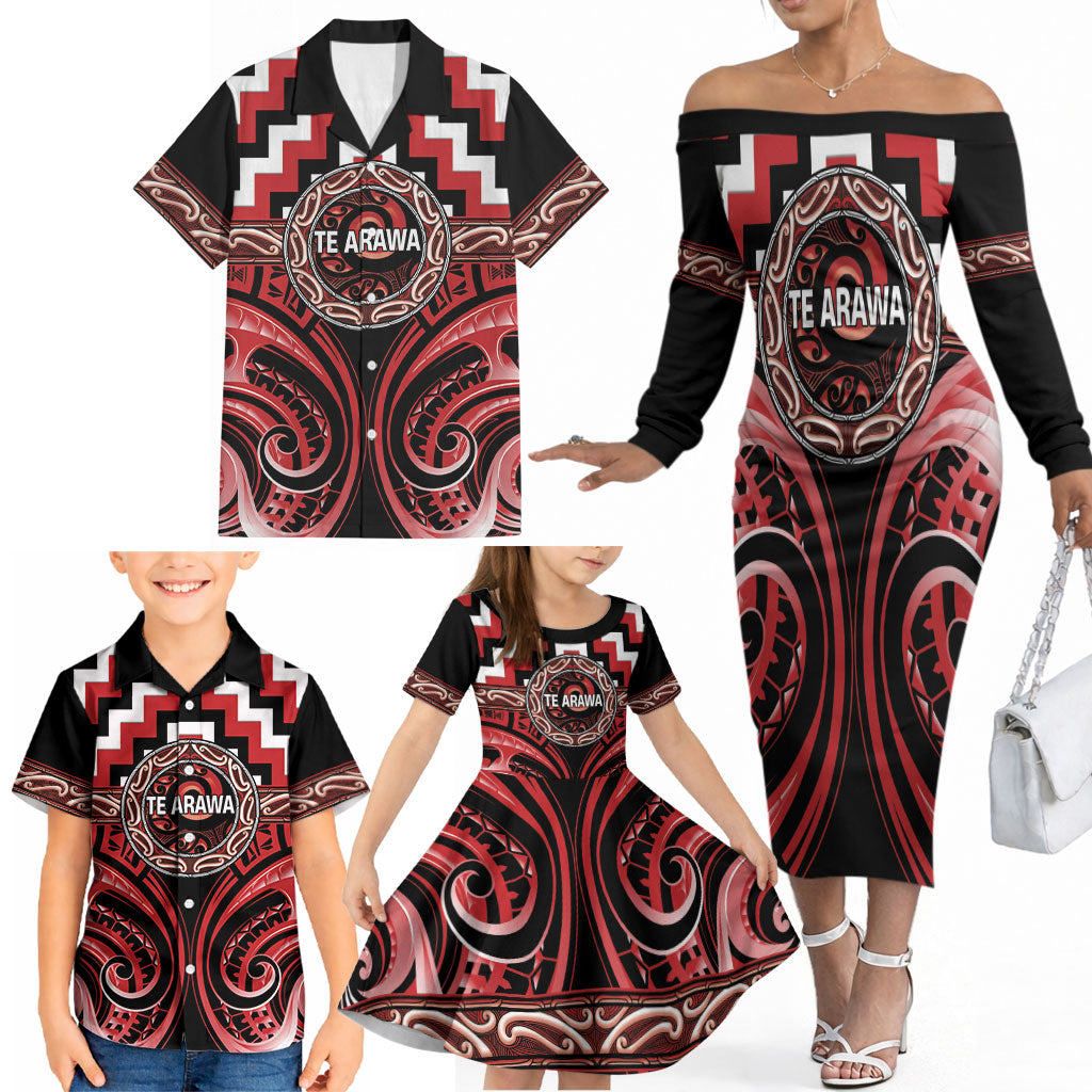 Aotearoa Te Arawa Personalised Family Matching Off The Shoulder Long Sleeve Dress and Hawaiian Shirt Maori Iwi Poutama Puhoro Tattoo LT14 - Polynesian Pride