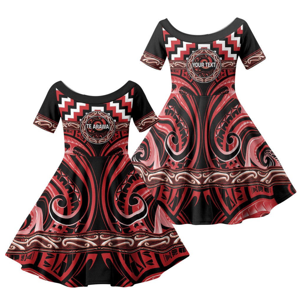 Aotearoa Te Arawa Personalised Family Matching Off The Shoulder Long Sleeve Dress and Hawaiian Shirt Maori Iwi Poutama Puhoro Tattoo LT14 Daughter's Dress Red - Polynesian Pride