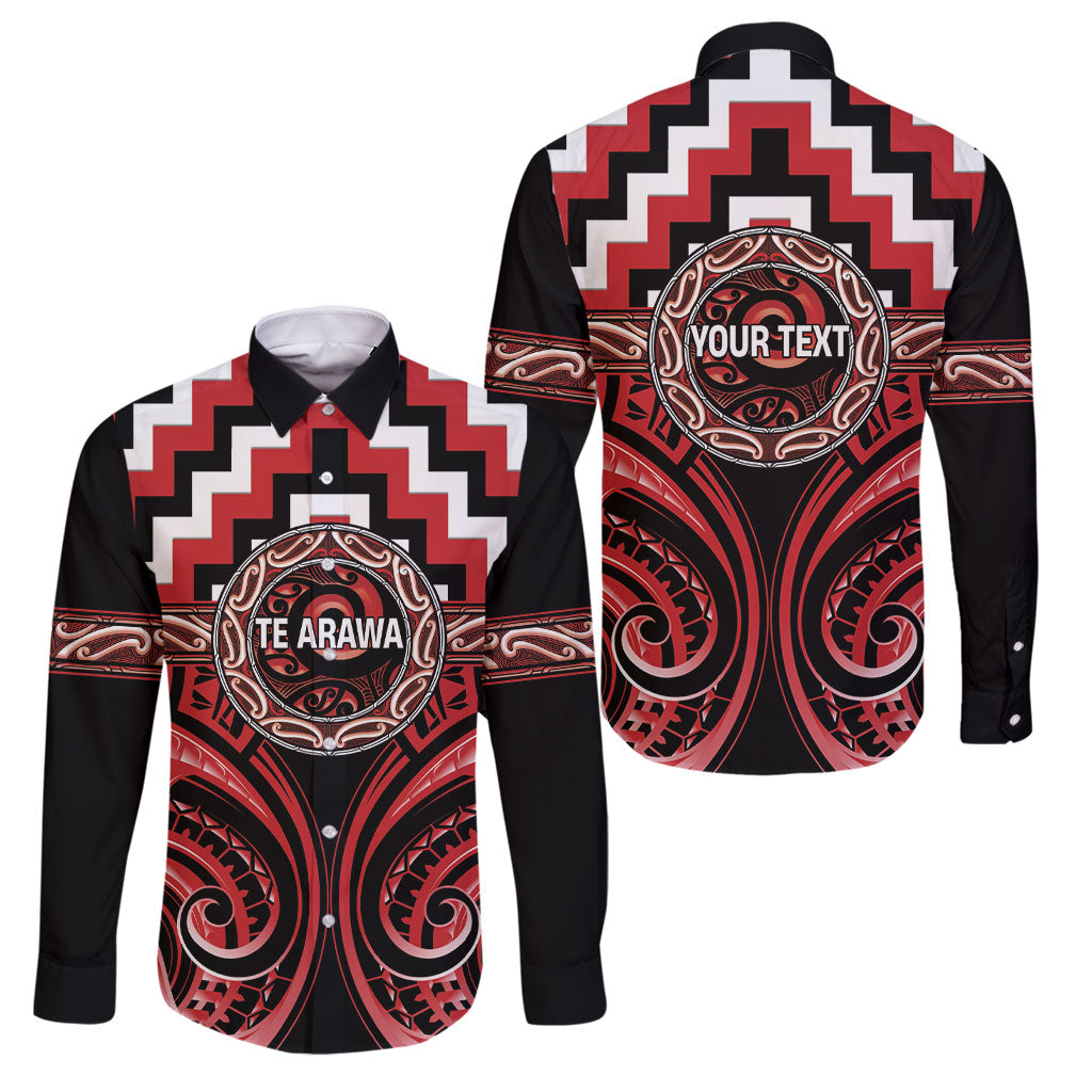 Aotearoa Te Arawa Personalised Family Matching Off Shoulder Short Dress and Hawaiian Shirt Maori Iwi Poutama Puhoro Tattoo LT14 Dad's Shirt - Long Sleeve Red - Polynesian Pride