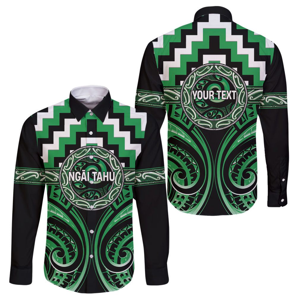 Aotearoa Ngai Tahu Personalised Family Matching Long Sleeve Bodycon Dress and Hawaiian Shirt Maori Iwi Poutama Puhoro Tattoo LT14 Dad's Shirt - Long Sleeve Green - Polynesian Pride
