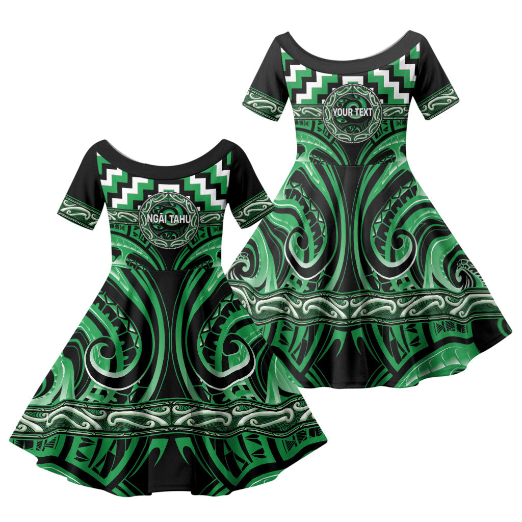 Aotearoa Ngai Tahu Personalised Family Matching Mermaid Dress and Hawaiian Shirt Maori Iwi Poutama Puhoro Tattoo LT14 Daughter's Dress Green - Polynesian Pride
