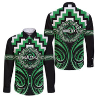 Aotearoa Ngai Tahu Personalised Family Matching Off The Shoulder Long Sleeve Dress and Hawaiian Shirt Maori Iwi Poutama Puhoro Tattoo LT14 Dad's Shirt - Long Sleeve Green - Polynesian Pride