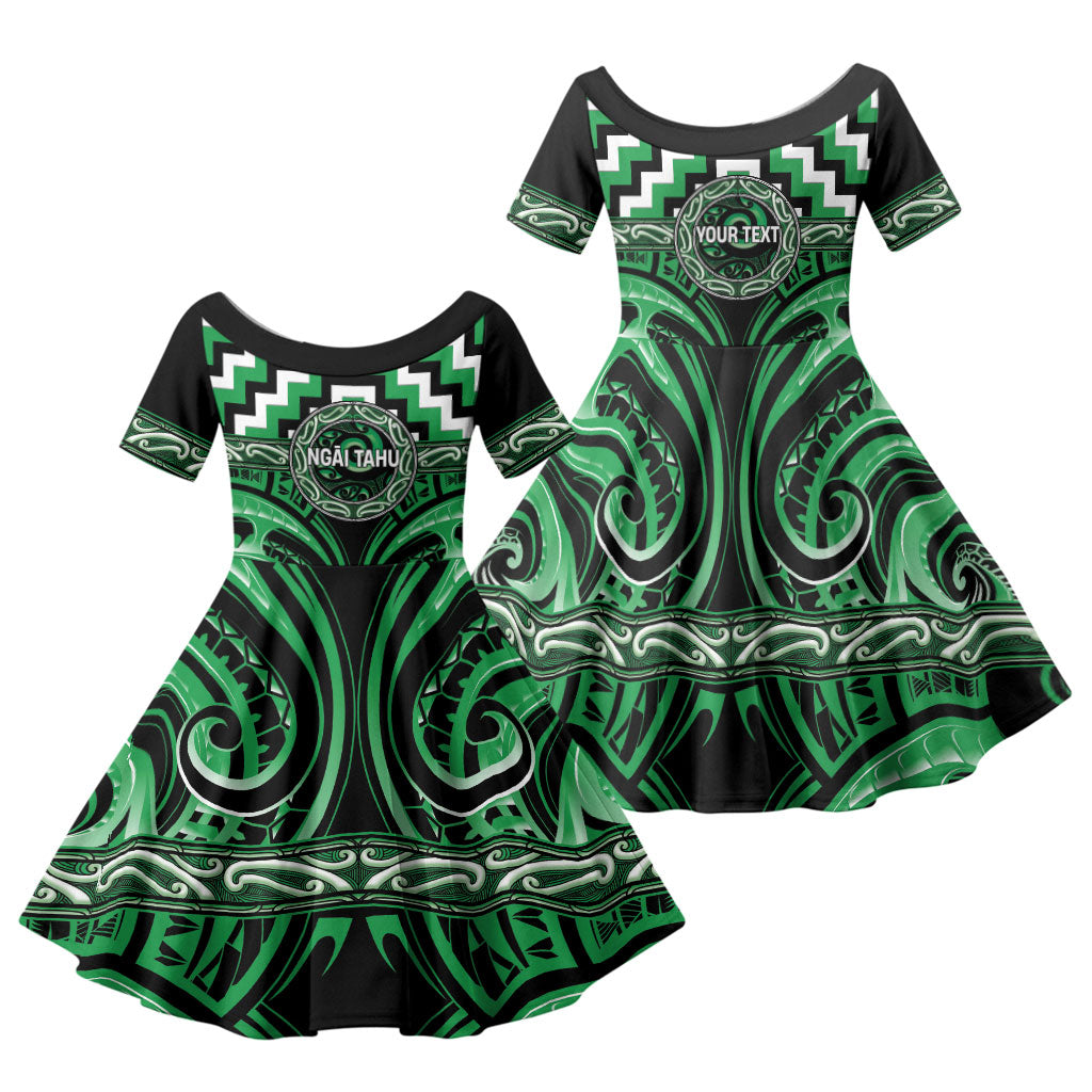 Aotearoa Ngai Tahu Personalised Family Matching Off The Shoulder Long Sleeve Dress and Hawaiian Shirt Maori Iwi Poutama Puhoro Tattoo LT14 Daughter's Dress Green - Polynesian Pride