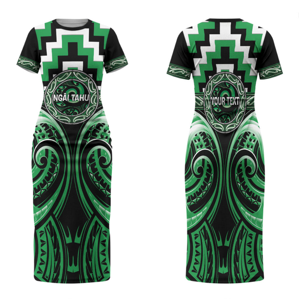 Aotearoa Ngai Tahu Personalised Family Matching Short Sleeve Bodycon Dress and Hawaiian Shirt Maori Iwi Poutama Puhoro Tattoo LT14 Mom's Dress Green - Polynesian Pride