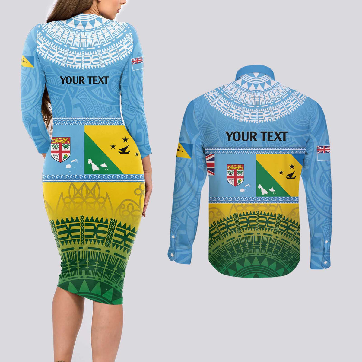 Personalised Malampa Fiji Day Couples Matching Long Sleeve Bodycon Dress and Long Sleeve Button Shirt 10 October Fijian Tapa Flag Style LT14 - Polynesian Pride