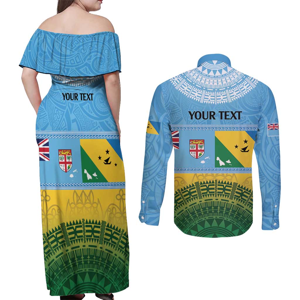 Personalised Malampa Fiji Day Couples Matching Off Shoulder Maxi Dress and Long Sleeve Button Shirt 10 October Fijian Tapa Flag Style LT14 - Polynesian Pride