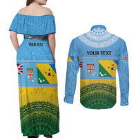 Personalised Malampa Fiji Day Couples Matching Off Shoulder Maxi Dress and Long Sleeve Button Shirt 10 October Fijian Tapa Flag Style LT14 - Polynesian Pride