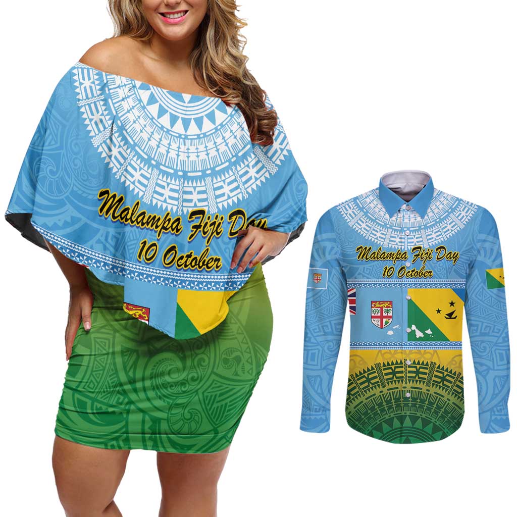 Personalised Malampa Fiji Day Couples Matching Off Shoulder Short Dress and Long Sleeve Button Shirt 10 October Fijian Tapa Flag Style LT14 Blue - Polynesian Pride