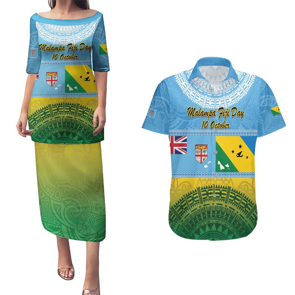 Personalised Malampa Fiji Day Couples Matching Puletasi and Hawaiian Shirt 10 October Fijian Tapa Flag Style LT14 Blue - Polynesian Pride
