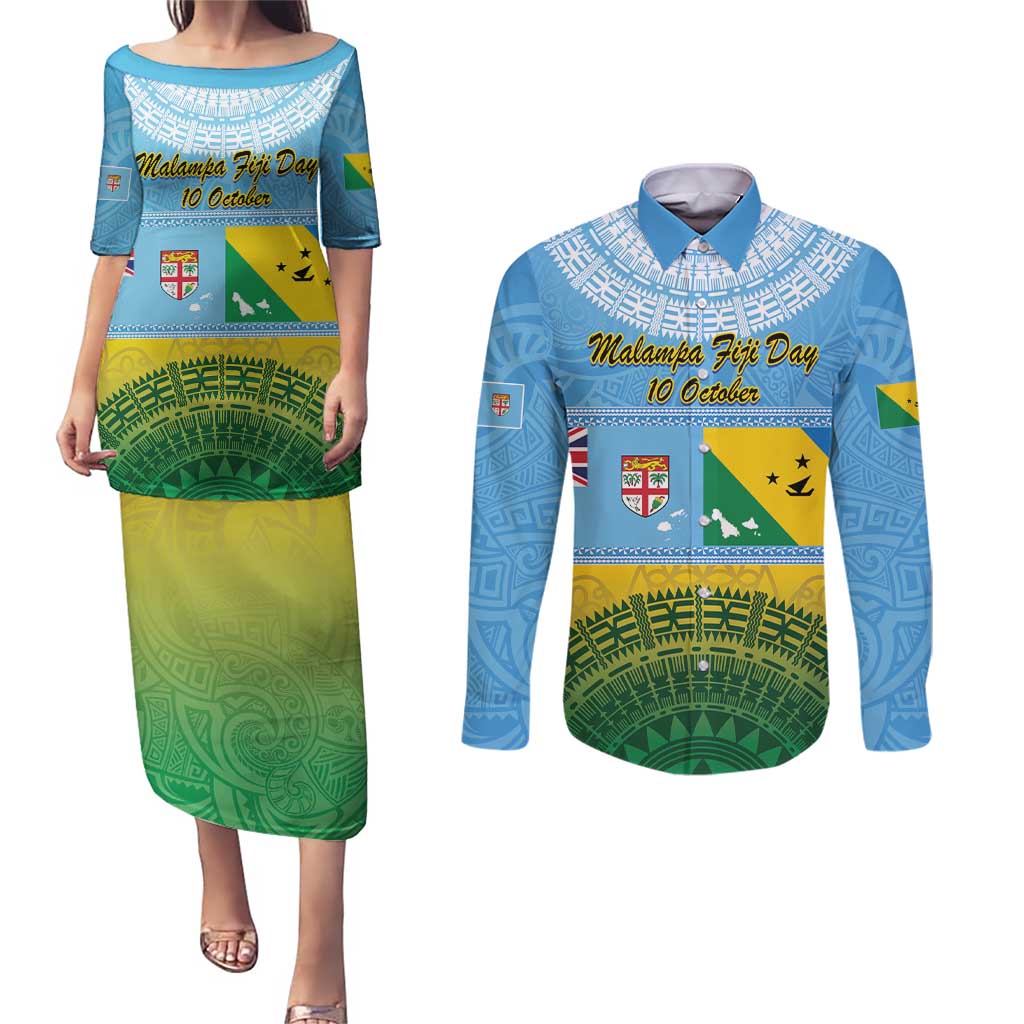 Personalised Malampa Fiji Day Couples Matching Puletasi and Long Sleeve Button Shirt 10 October Fijian Tapa Flag Style LT14 Blue - Polynesian Pride