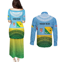 Personalised Malampa Fiji Day Couples Matching Puletasi and Long Sleeve Button Shirt 10 October Fijian Tapa Flag Style LT14 - Polynesian Pride