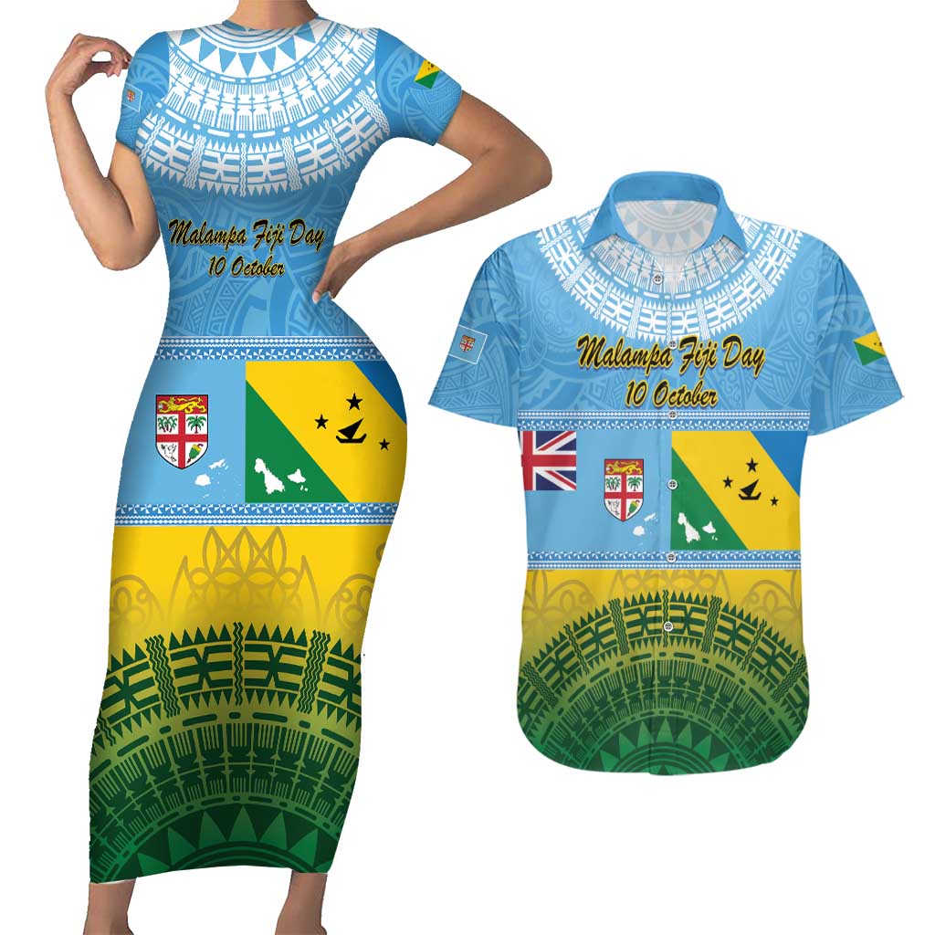 Personalised Malampa Fiji Day Couples Matching Short Sleeve Bodycon Dress and Hawaiian Shirt 10 October Fijian Tapa Flag Style LT14 Blue - Polynesian Pride