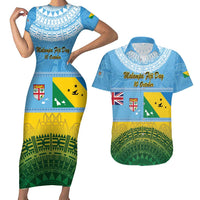 Personalised Malampa Fiji Day Couples Matching Short Sleeve Bodycon Dress and Hawaiian Shirt 10 October Fijian Tapa Flag Style LT14 Blue - Polynesian Pride