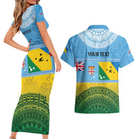 Personalised Malampa Fiji Day Couples Matching Short Sleeve Bodycon Dress and Hawaiian Shirt 10 October Fijian Tapa Flag Style LT14 - Polynesian Pride