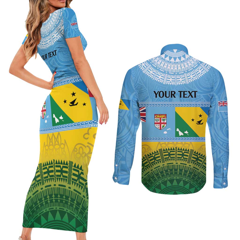 Personalised Malampa Fiji Day Couples Matching Short Sleeve Bodycon Dress and Long Sleeve Button Shirt 10 October Fijian Tapa Flag Style LT14 - Polynesian Pride