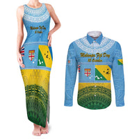 Personalised Malampa Fiji Day Couples Matching Tank Maxi Dress and Long Sleeve Button Shirt 10 October Fijian Tapa Flag Style LT14 Blue - Polynesian Pride