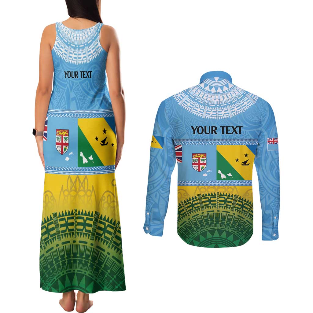 Personalised Malampa Fiji Day Couples Matching Tank Maxi Dress and Long Sleeve Button Shirt 10 October Fijian Tapa Flag Style LT14 - Polynesian Pride