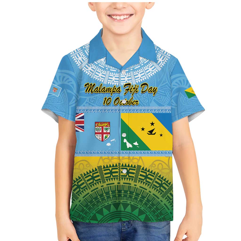 Personalised Malampa Fiji Day Family Matching Mermaid Dress and Hawaiian Shirt 10 October Fijian Tapa Flag Style LT14 Son's Shirt Blue - Polynesian Pride