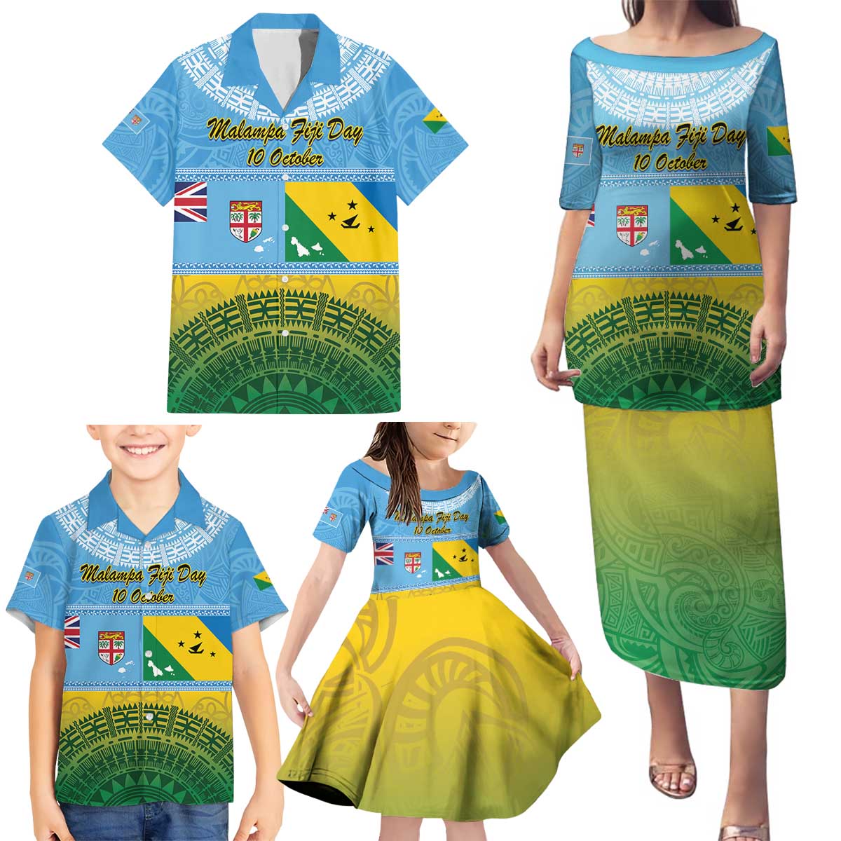 Personalised Malampa Fiji Day Family Matching Puletasi and Hawaiian Shirt 10 October Fijian Tapa Flag Style LT14 - Polynesian Pride