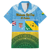 Personalised Malampa Fiji Day Family Matching Puletasi and Hawaiian Shirt 10 October Fijian Tapa Flag Style LT14 Dad's Shirt - Short Sleeve Blue - Polynesian Pride
