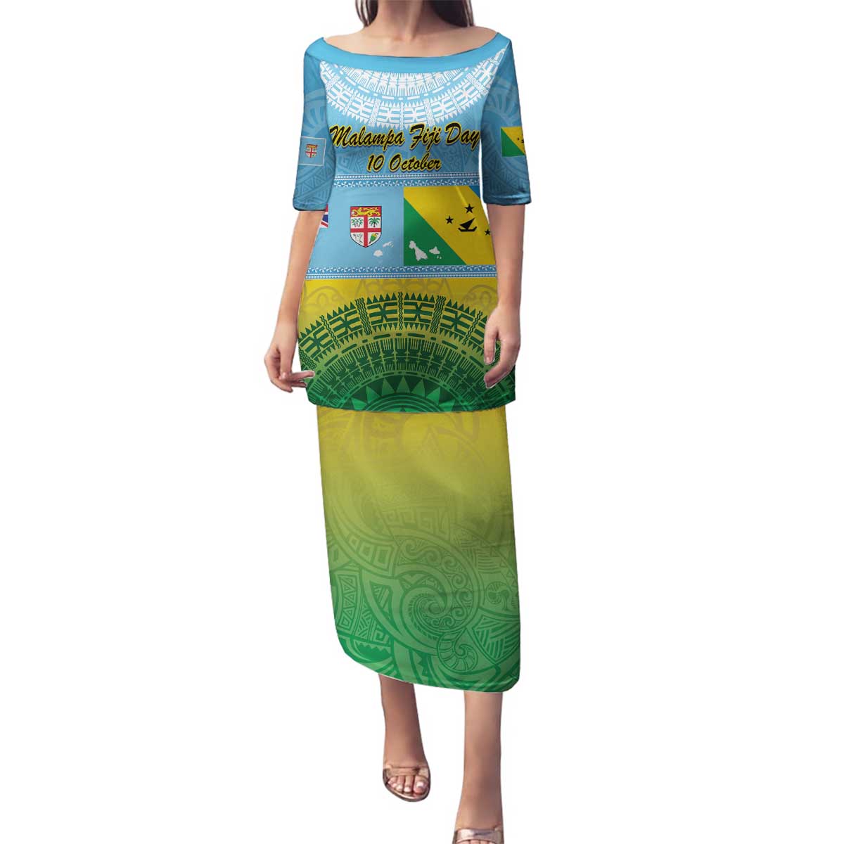 Personalised Malampa Fiji Day Family Matching Puletasi and Hawaiian Shirt 10 October Fijian Tapa Flag Style LT14 Mom's Dress Blue - Polynesian Pride