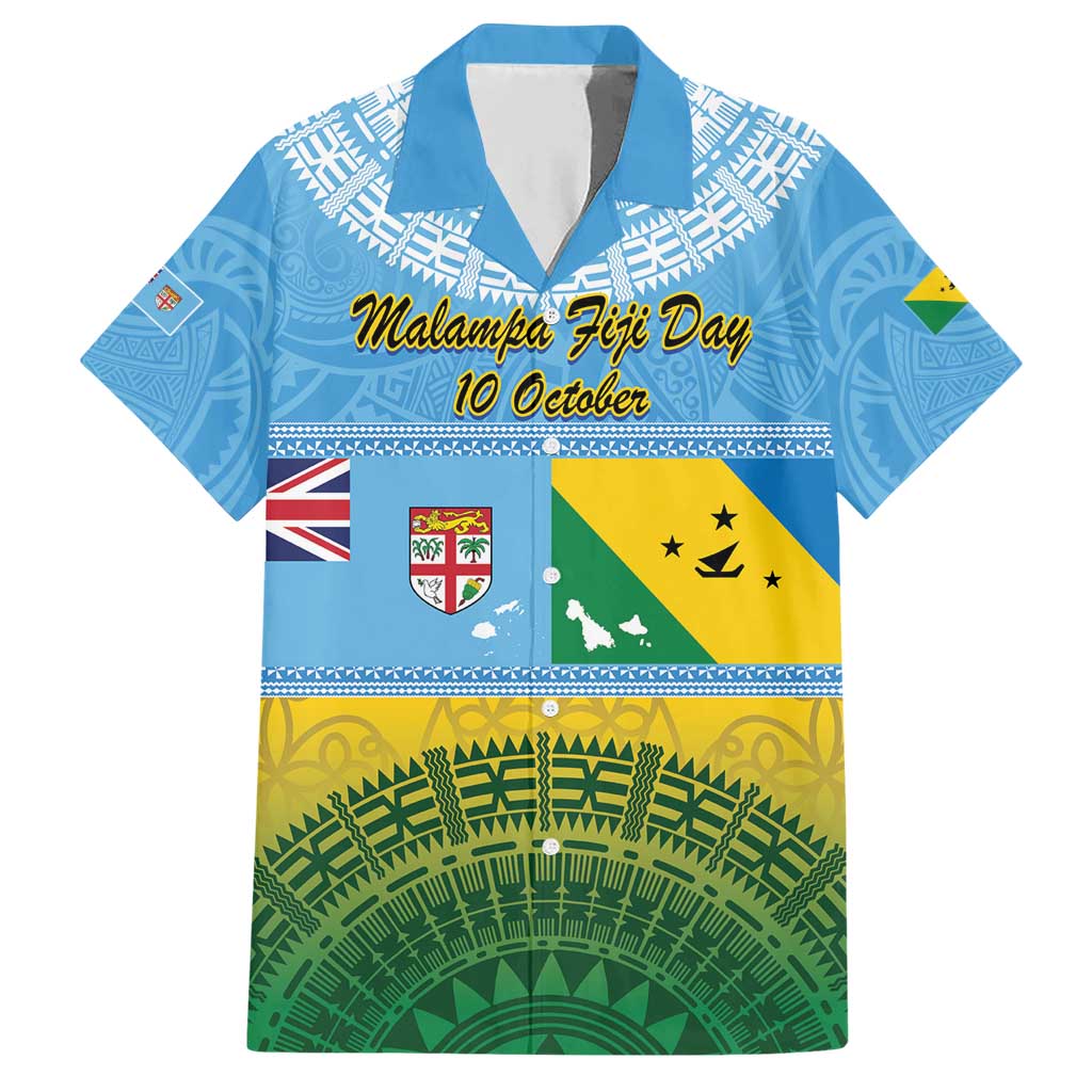 Personalised Malampa Fiji Day Family Matching Short Sleeve Bodycon Dress and Hawaiian Shirt 10 October Fijian Tapa Flag Style LT14 Dad's Shirt - Short Sleeve Blue - Polynesian Pride