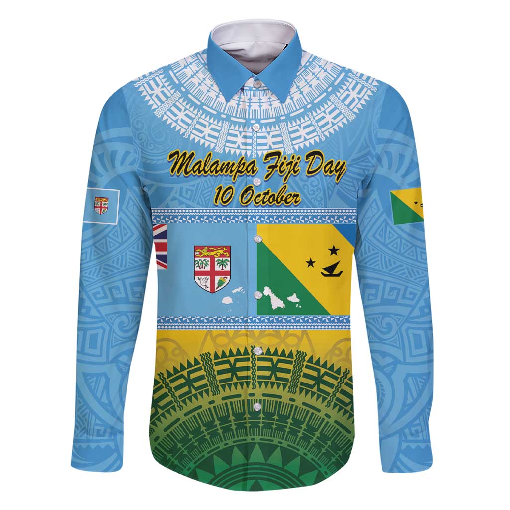 Personalised Malampa Fiji Day Family Matching Short Sleeve Bodycon Dress and Hawaiian Shirt 10 October Fijian Tapa Flag Style LT14 Dad's Shirt - Long Sleeve Blue - Polynesian Pride
