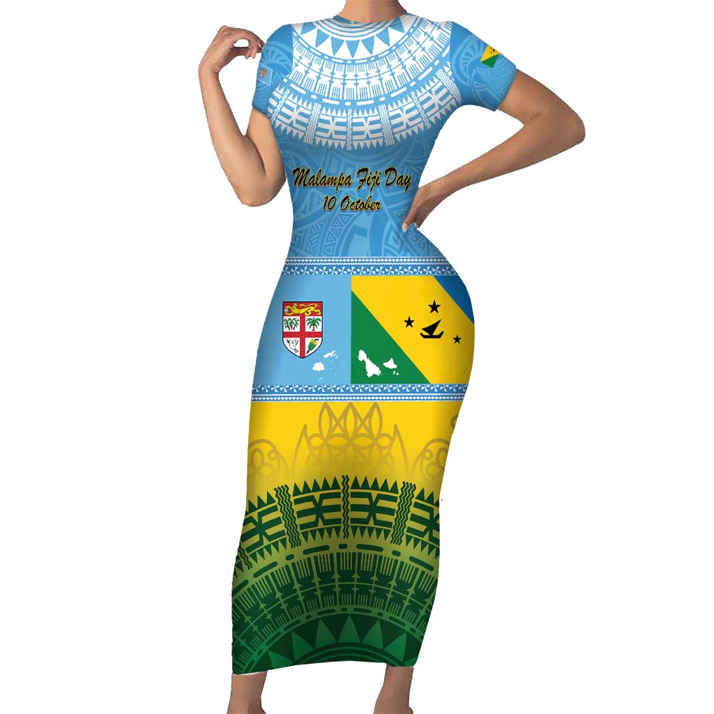 Personalised Malampa Fiji Day Family Matching Short Sleeve Bodycon Dress and Hawaiian Shirt 10 October Fijian Tapa Flag Style LT14 Mom's Dress Blue - Polynesian Pride