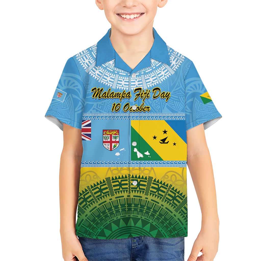 Personalised Malampa Fiji Day Family Matching Short Sleeve Bodycon Dress and Hawaiian Shirt 10 October Fijian Tapa Flag Style LT14 Son's Shirt Blue - Polynesian Pride
