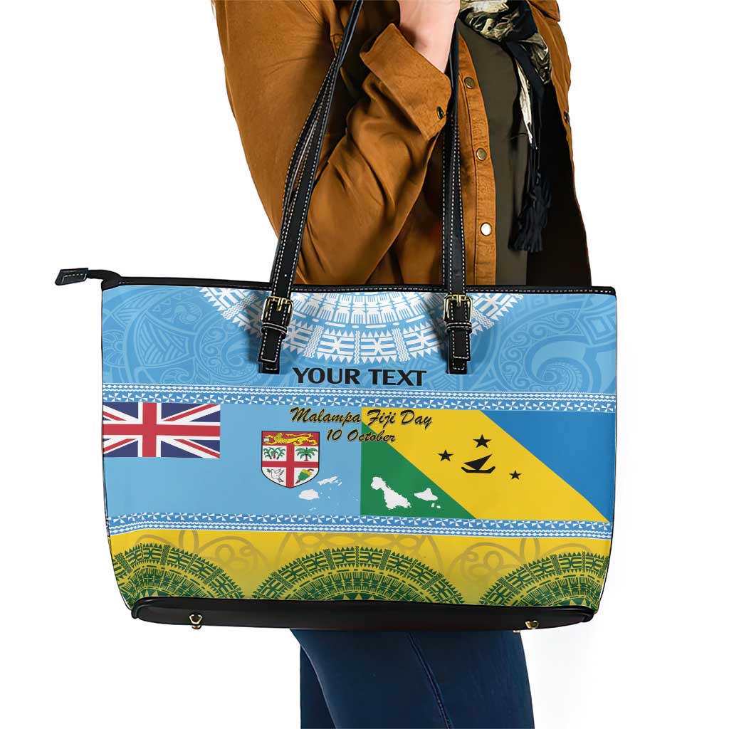 Personalised Malampa Fiji Day Leather Tote Bag 10 October Fijian Tapa Flag Style