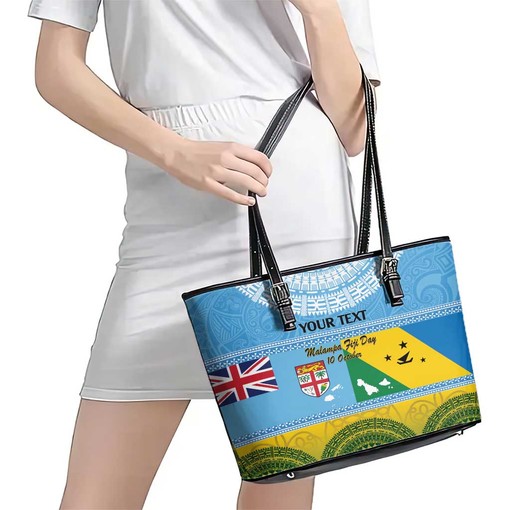 Personalised Malampa Fiji Day Leather Tote Bag 10 October Fijian Tapa Flag Style