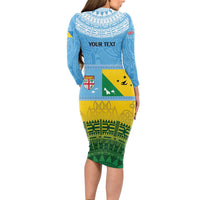 Personalised Malampa Fiji Day Long Sleeve Bodycon Dress 10 October Fijian Tapa Flag Style LT14 - Polynesian Pride