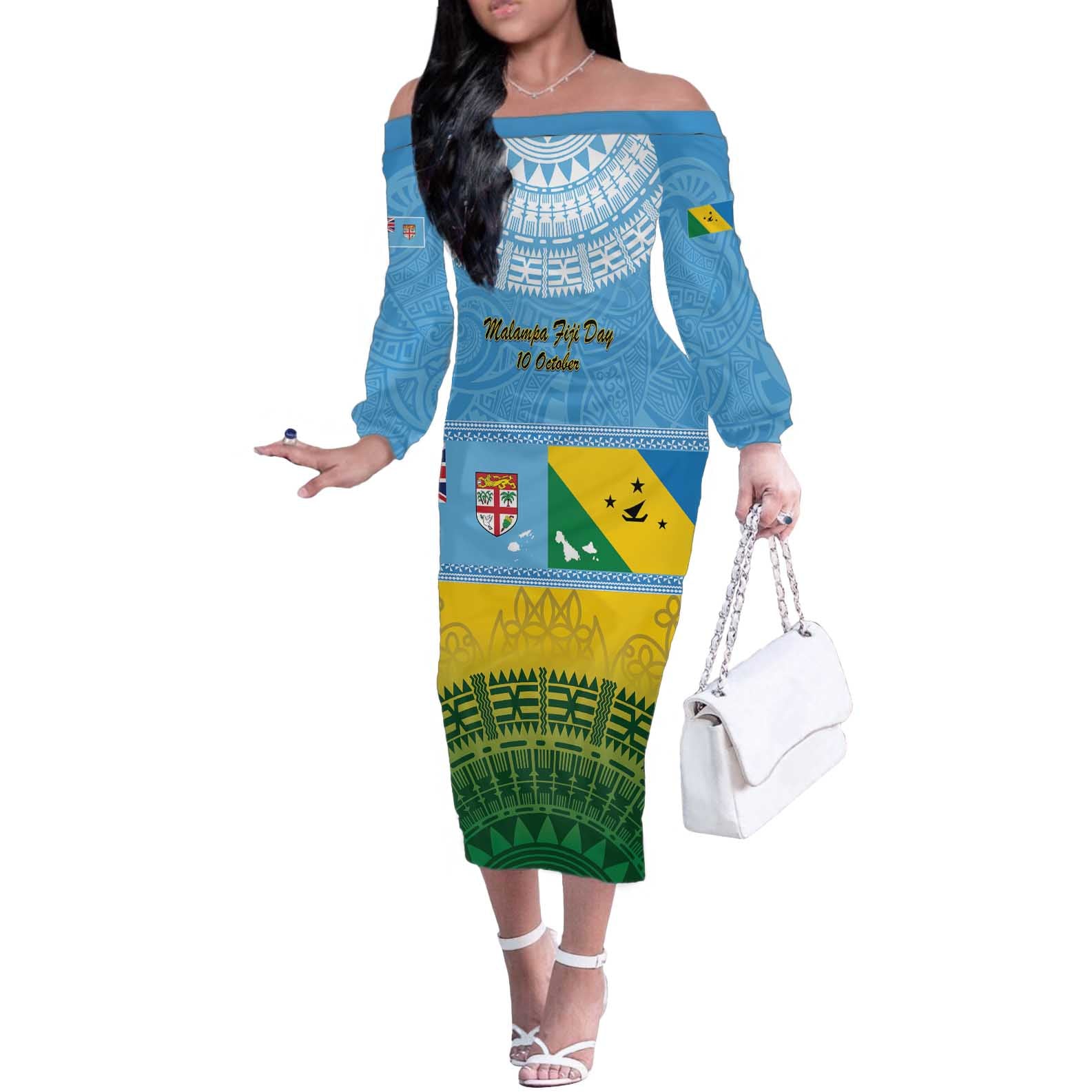 Personalised Malampa Fiji Day Off The Shoulder Long Sleeve Dress 10 October Fijian Tapa Flag Style