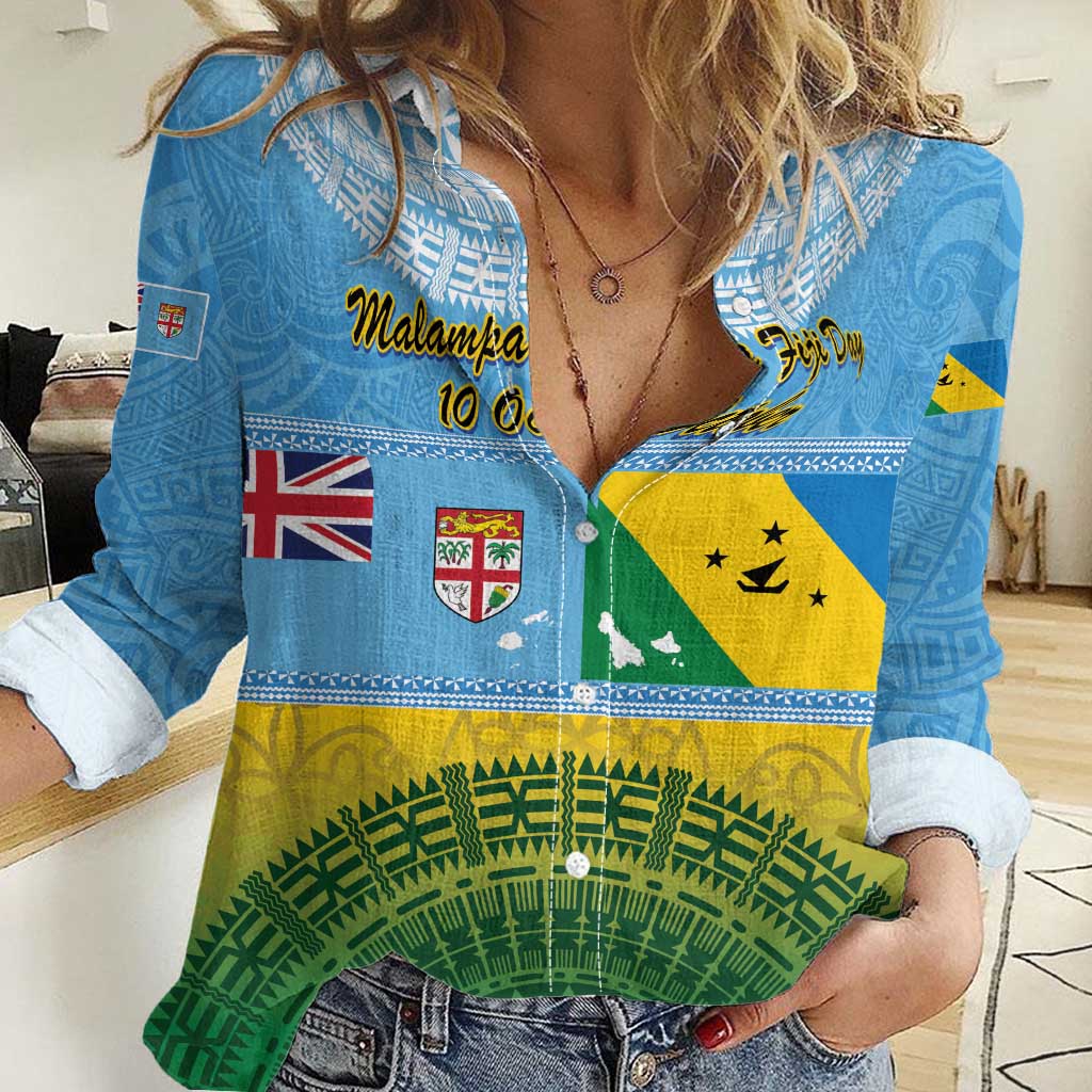 Personalised Malampa Fiji Day Women Casual Shirt 10 October Fijian Tapa Flag Style LT14 Female Blue - Polynesian Pride