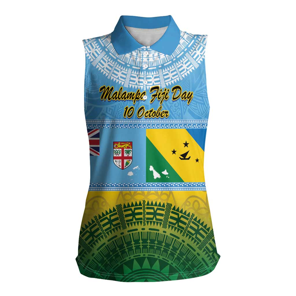 Personalised Malampa Fiji Day Women Sleeveless Polo Shirt 10 October Fijian Tapa Flag Style LT14 Female Blue - Polynesian Pride