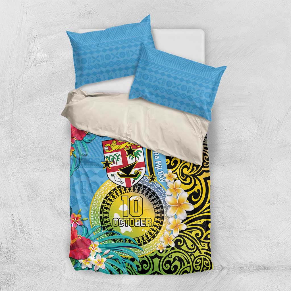Vanuatu Malampa Fiji Day Bedding Set Happy 10 October With Maps Tropical Flowers