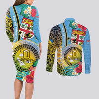 Vanuatu Malampa Fiji Day Couples Matching Long Sleeve Bodycon Dress and Long Sleeve Button Shirt Happy 10 October With Maps Tropical Flowers LT14 - Polynesian Pride